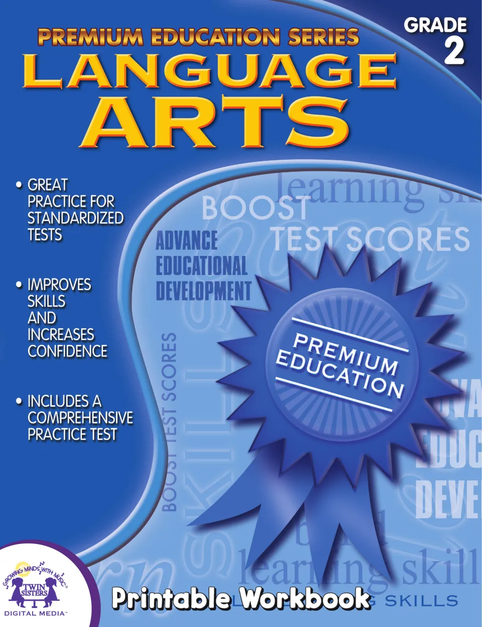 Grade 2 language arts workbook cover identifying the Premium Education Series and an included practice test