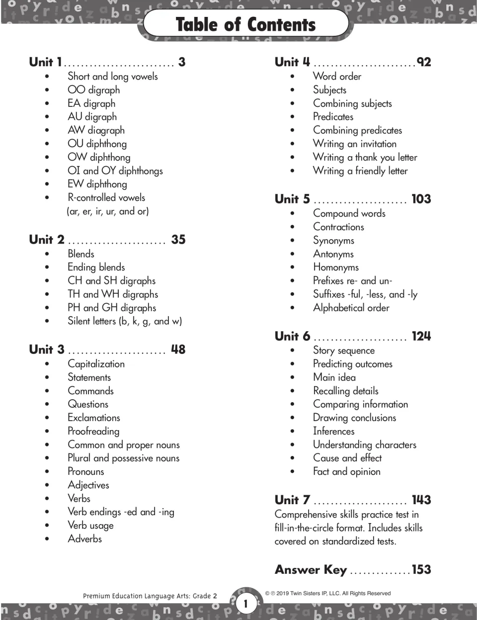 Workbook contents listing seven units covering phonics, grammar, writing, vocabulary, reading, and a test