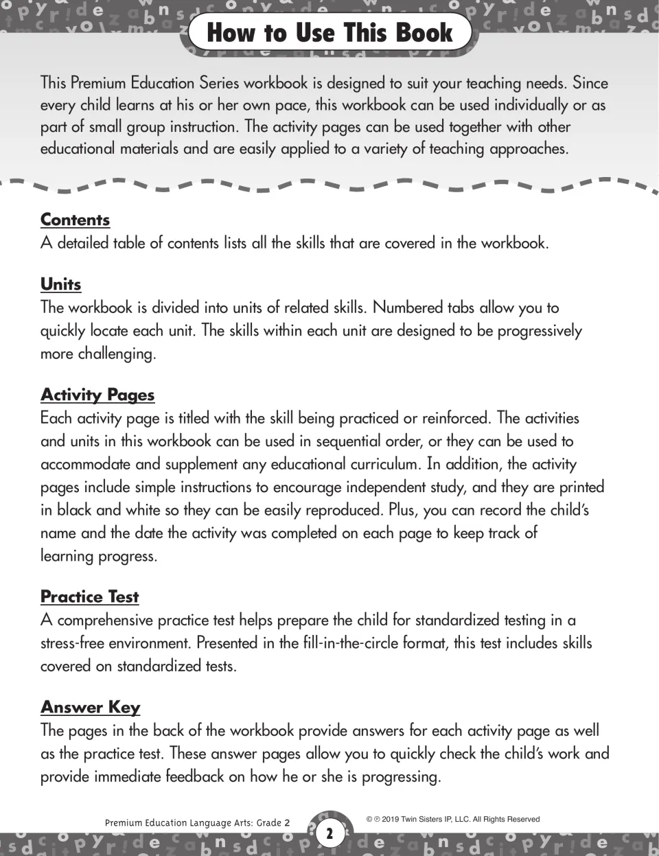 Workbook guide explaining skill units, activity pages, the practice test, and how to use the answer key