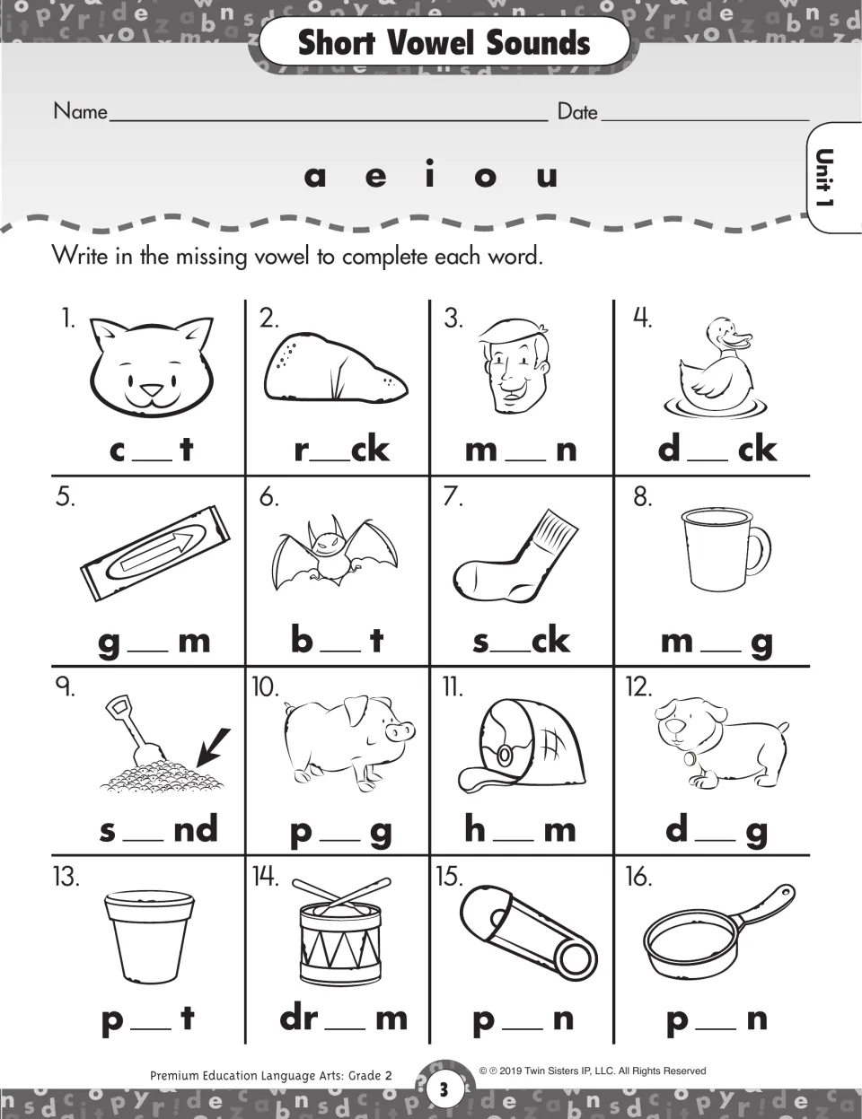 Unit 1 short vowel activity asking students to complete 16 pictured words, including cat, rock, and duck