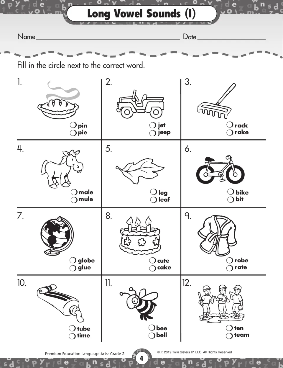 Unit 1 long vowel activity asking students to choose words for 12 pictures, including pie, jeep, and rake