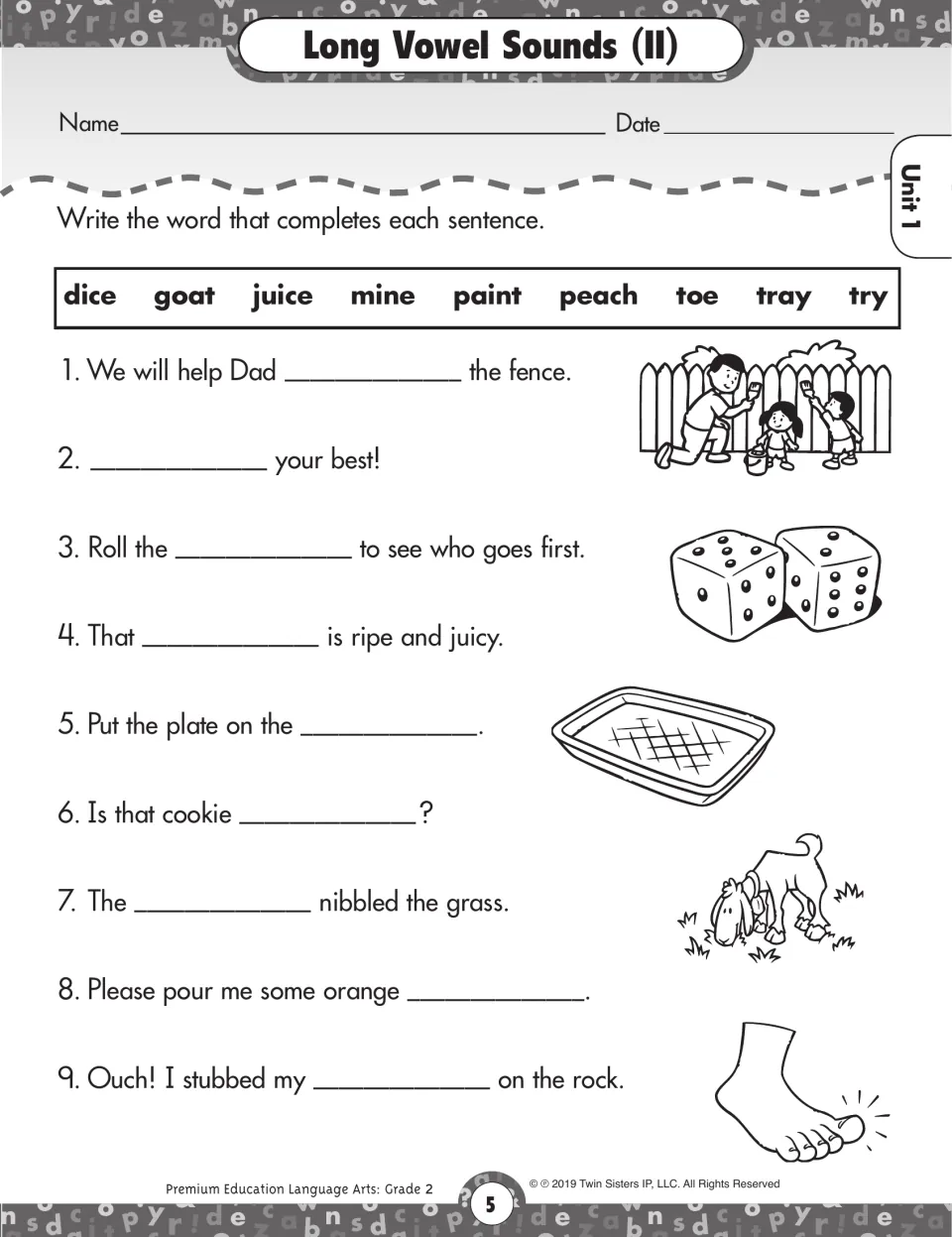 Unit 1 long vowel activity using a word bank to complete nine sentences with words such as paint and dice