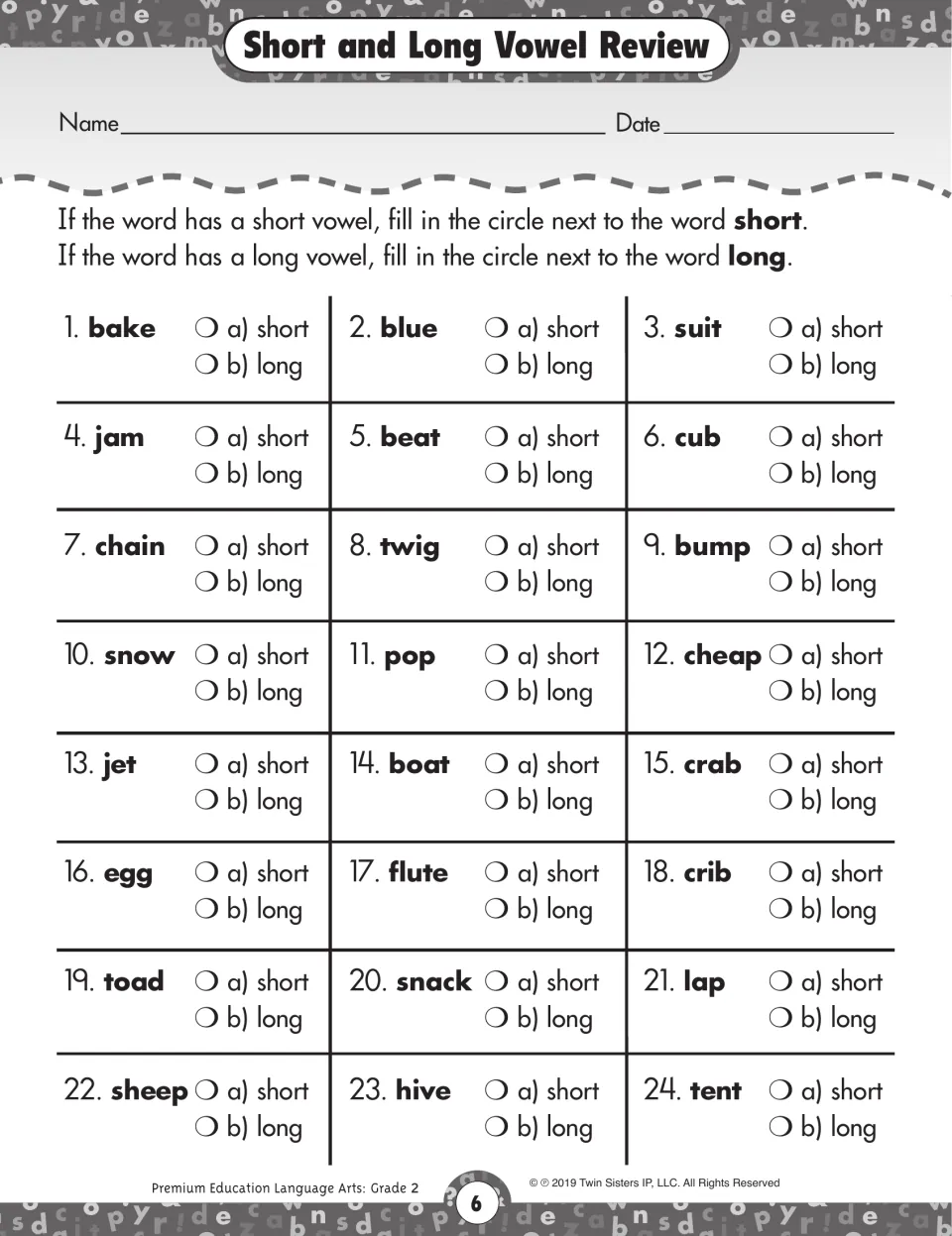 Unit 1 vowel review asking students to classify 24 words, including bake, jam, and blue, as short or long