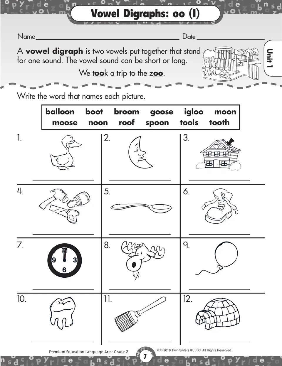Unit 1 oo digraph activity asking students to name 12 pictures using words such as goose, moon, and roof