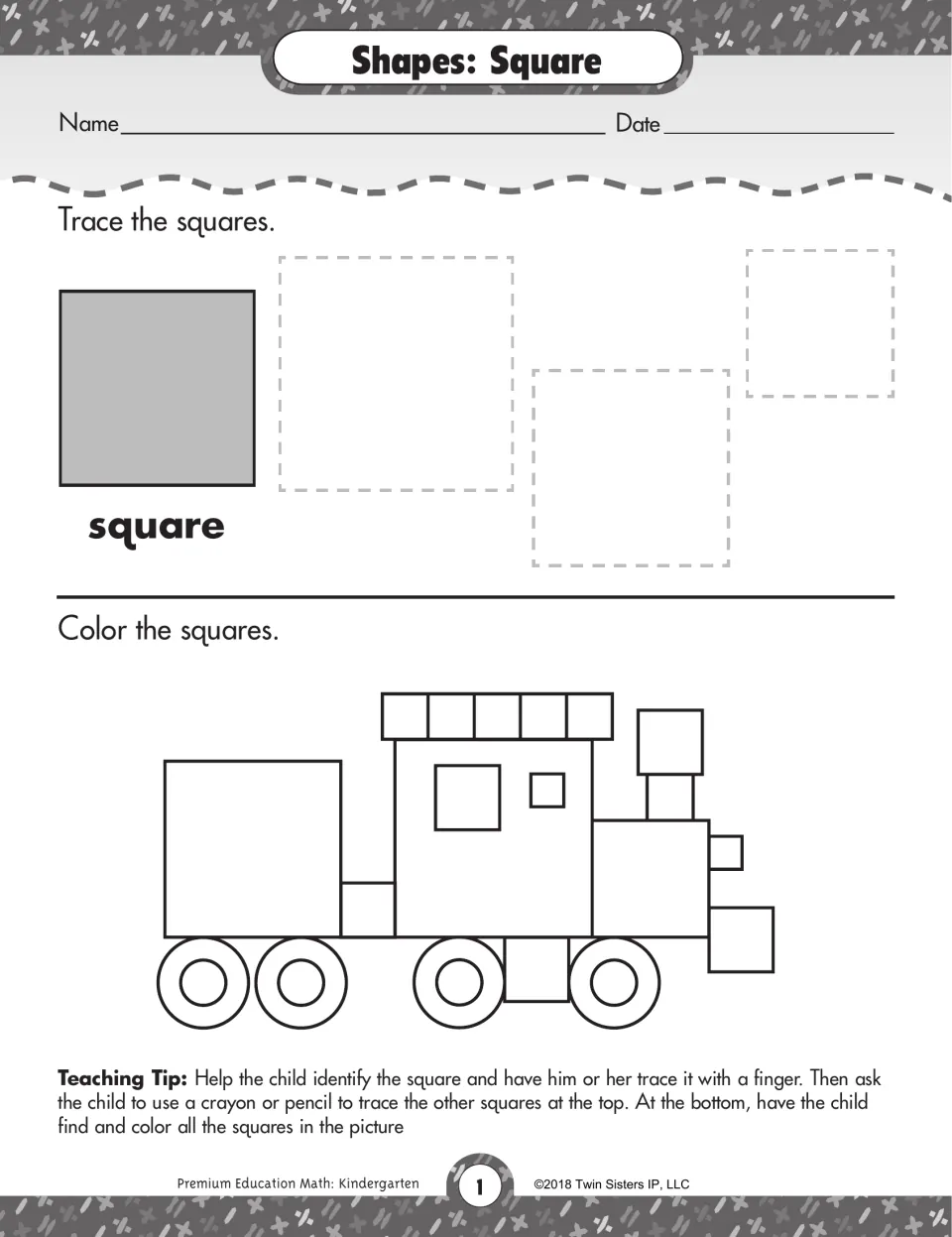 Shapes: Square. Students trace three dashed squares, then find and color the squares in a train made of shapes