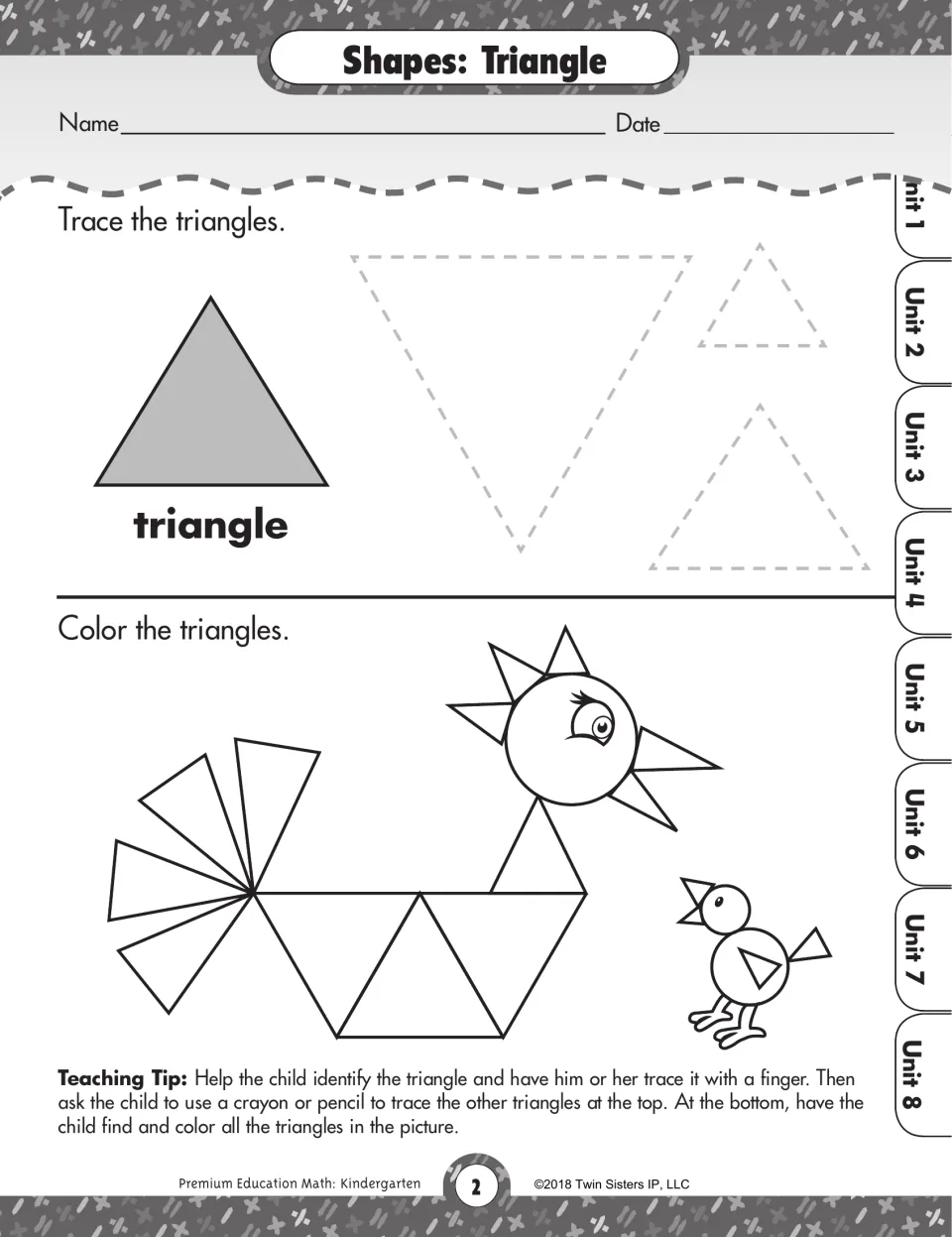 Shapes: Triangle. Students trace three dashed triangles, then color triangles in a rooster and chick picture