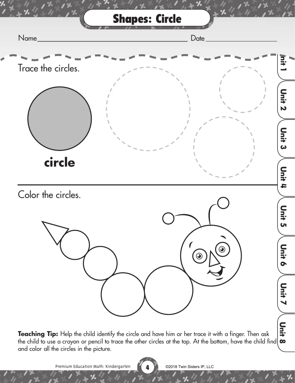 Shapes: Circle. Students trace three dashed circles, then color the circles that form a smiling caterpillar