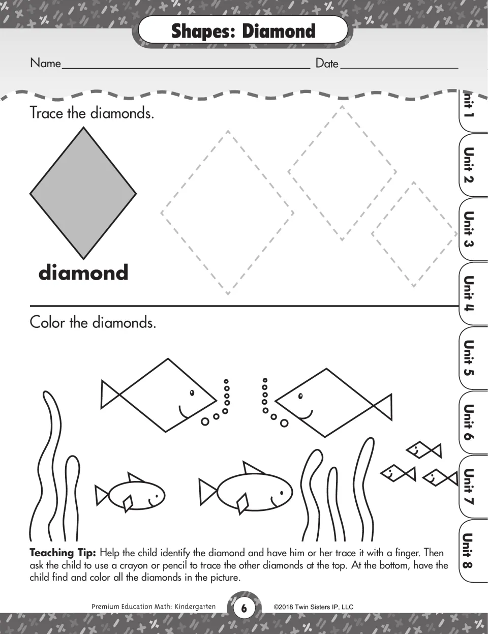 Shapes: Diamond. Students trace three dashed diamonds, then color diamond-shaped fish in an underwater scene