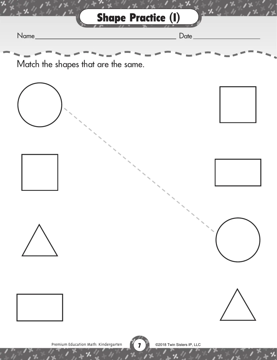 Shape Practice (I): students match same shapes, drawing lines between circles, squares, triangles and rectangles