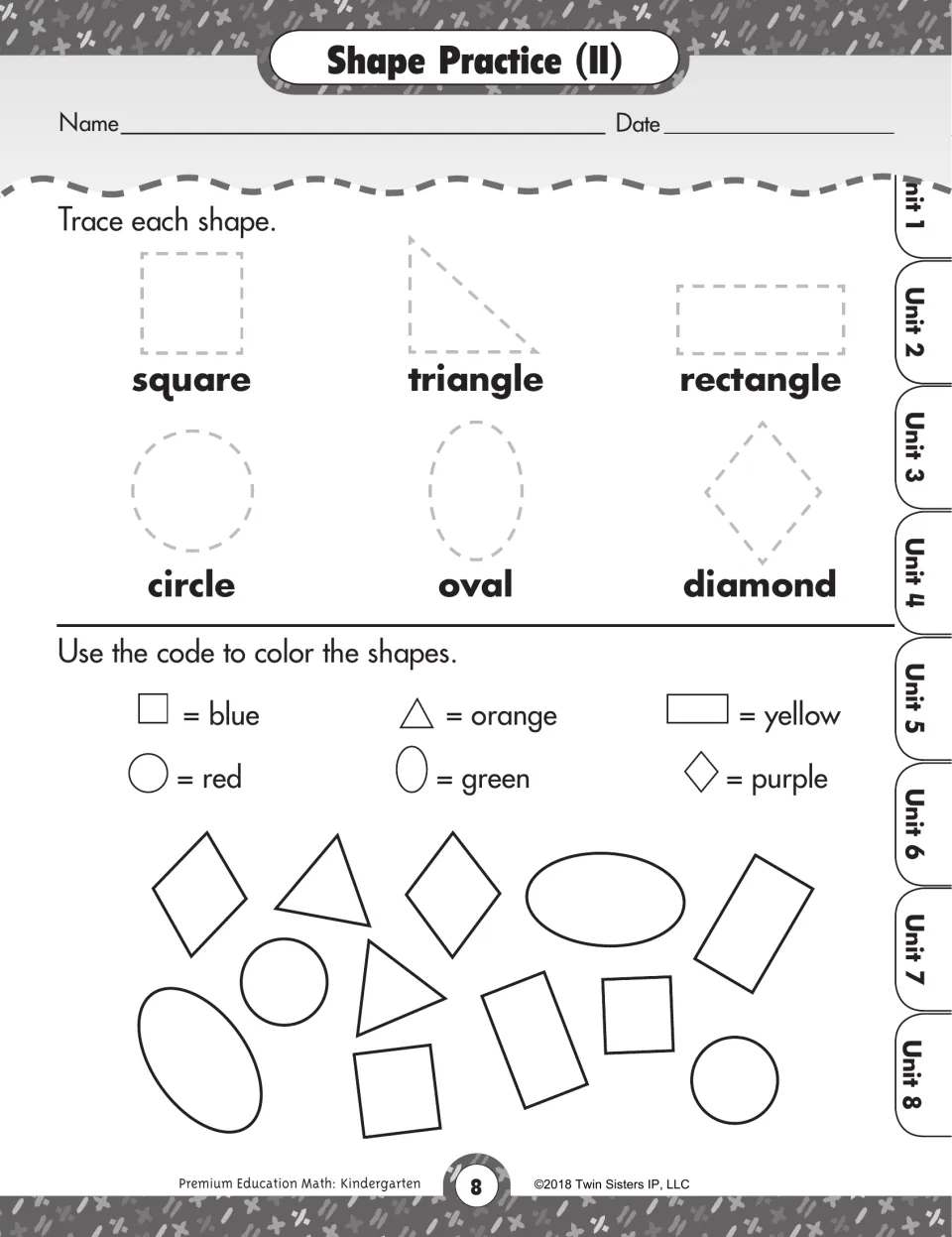 Shape Practice (II): students trace six labeled shapes, then color mixed shapes by a color code such as square = blue