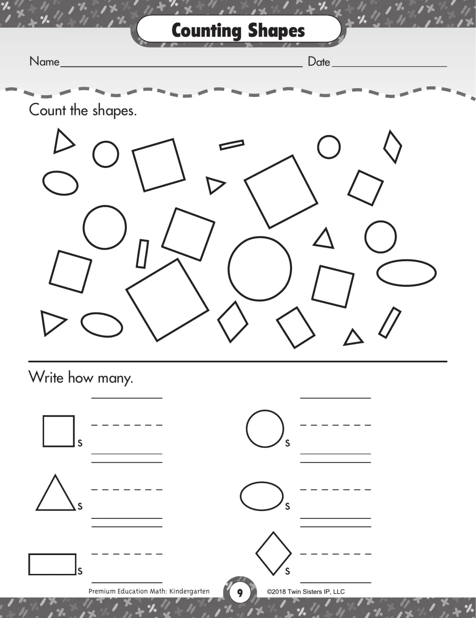 Counting Shapes: students count scattered squares, triangles, rectangles, circles, ovals and diamonds and write how many