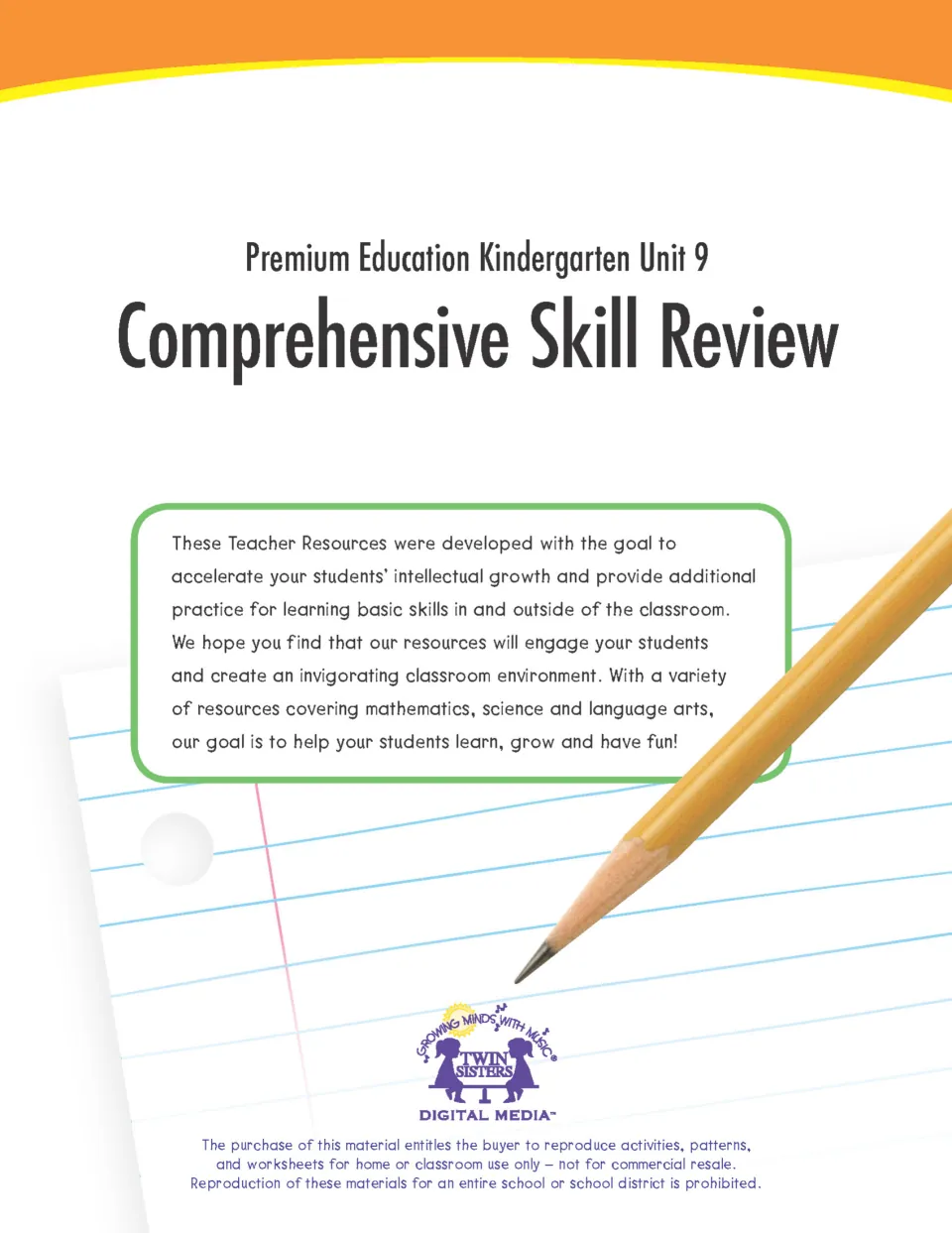 Cover: Premium Education Kindergarten Unit 9: Comprehensive Skill Review title with Twin Sisters Digital Media logo