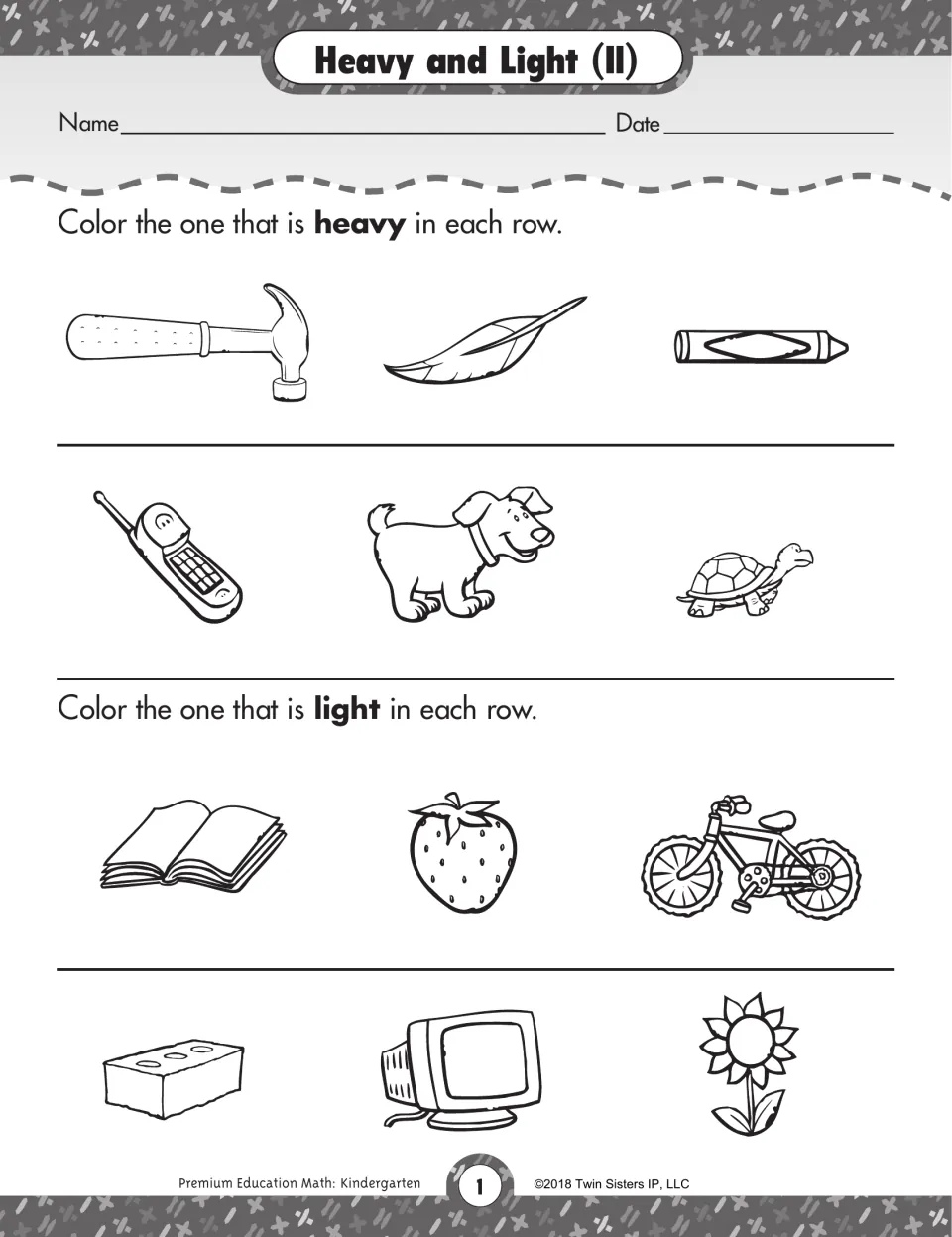 Heavy and light: students color the heavier item in two rows, then the lighter item in two rows of everyday objects