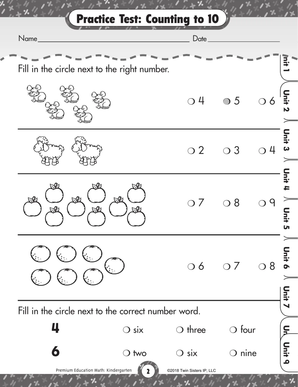 Counting to 10 practice test: students count mice, sheep, apples and oranges, then match numerals 4 and 6 to words