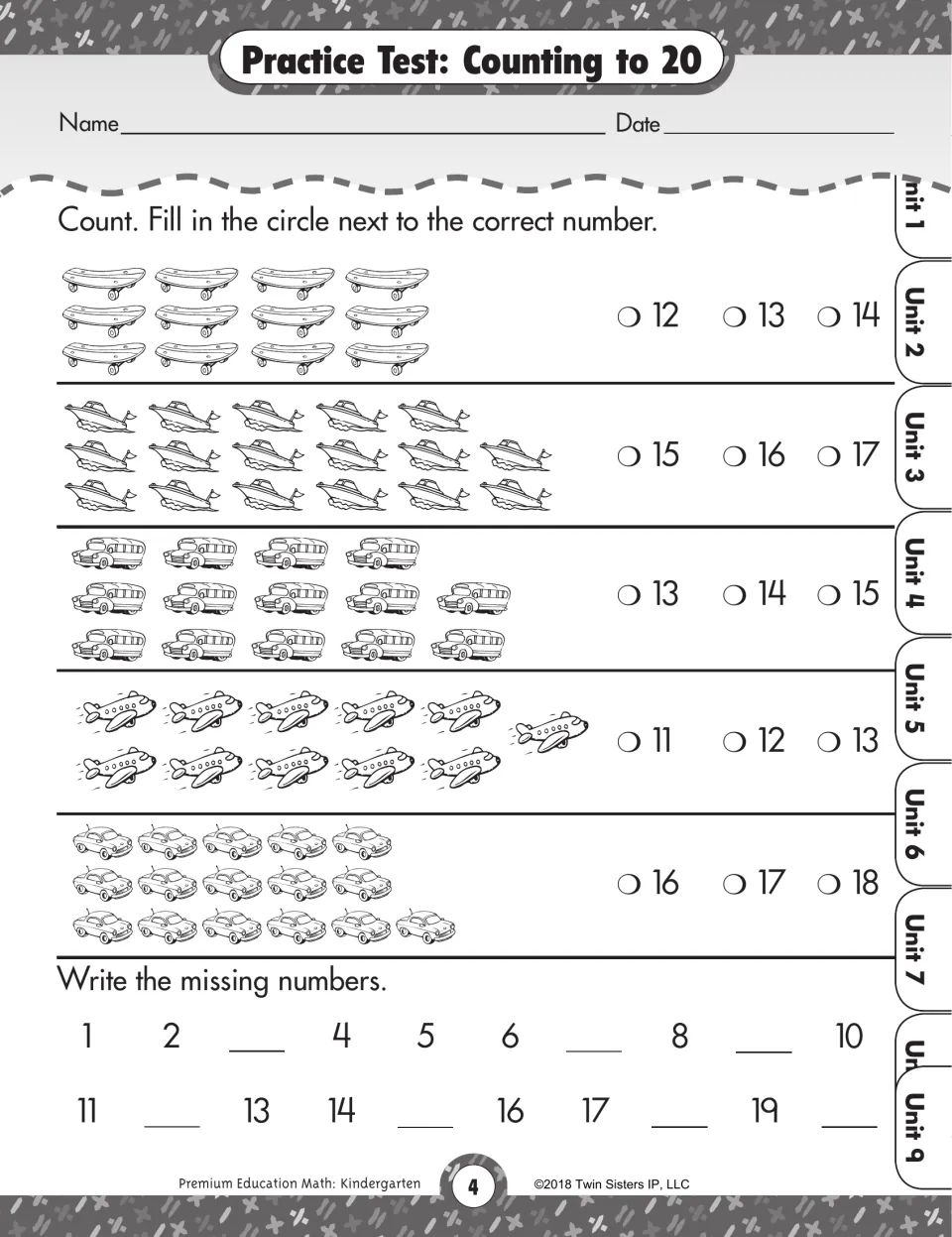 Counting to 20 practice test: students count skateboards, boats, buses, planes and cars, then fill in missing numbers
