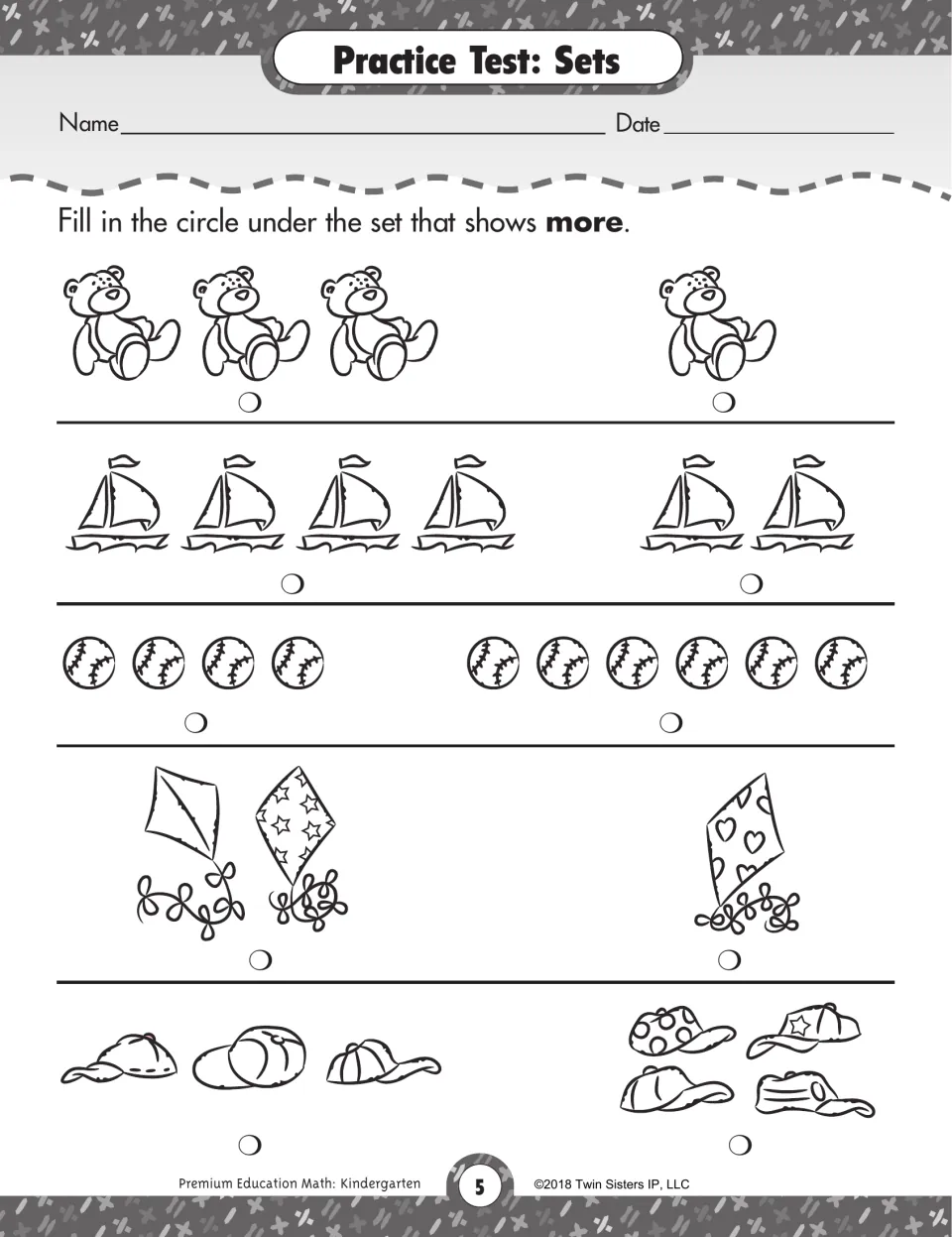 Sets practice test: students compare two groups of bears, sailboats, baseballs, kites and caps and mark the larger set