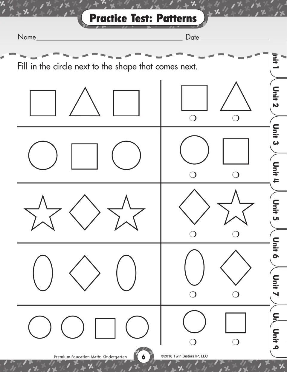 Patterns practice test: students choose the shape that comes next in square-triangle, star-diamond and other patterns