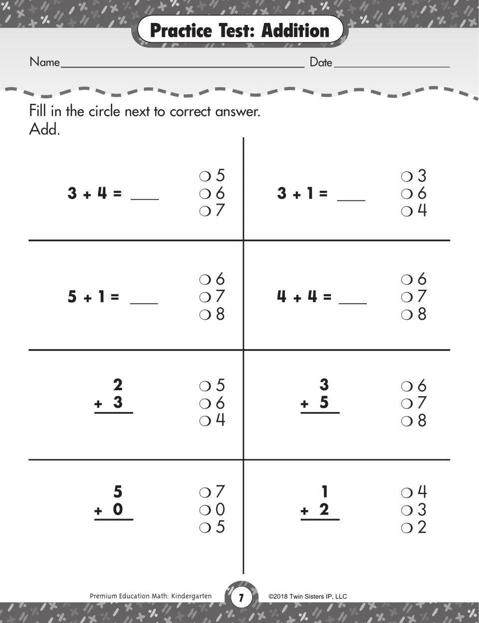 Addition practice test: students solve 8 sums within 10, such as 3 + 4 and 2 + 3, and fill in the circle by each answer
