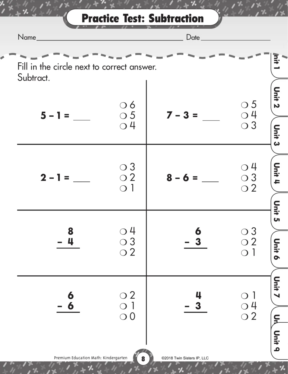 Subtraction practice test: students solve 8 problems like 5 - 1 and 8 - 4 and fill in the circle by the difference