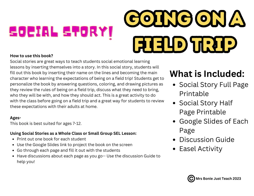 Going on a Field Trip social story: teacher guide to using the book, with ages 7-12 and a list of what is included