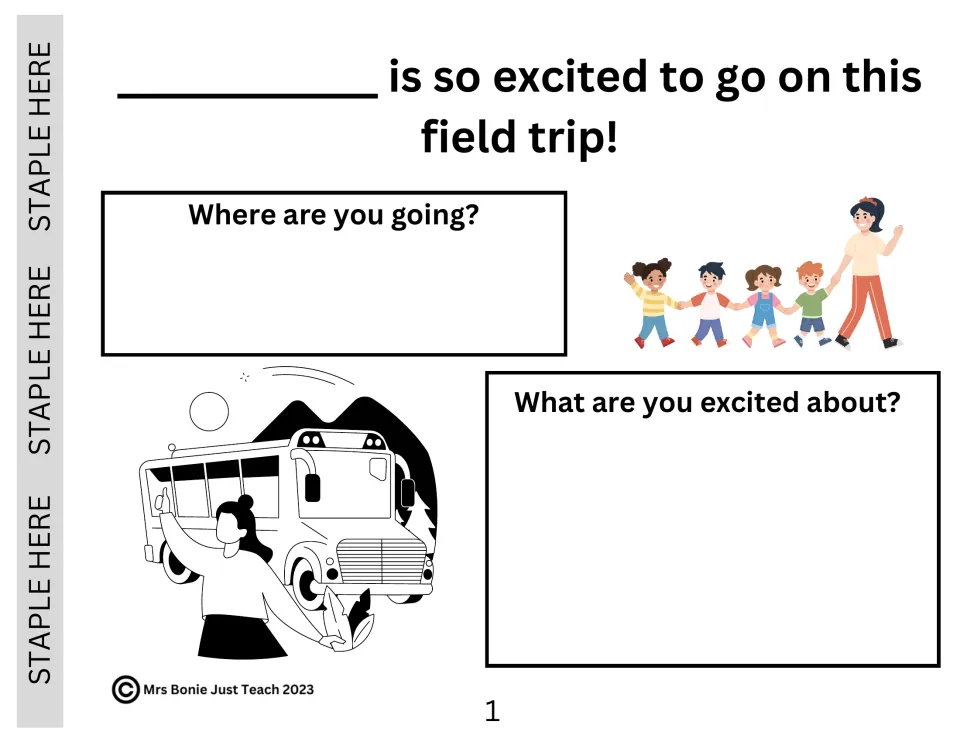 Field trip excitement page: students write where they are going and what they are excited about, with a name blank