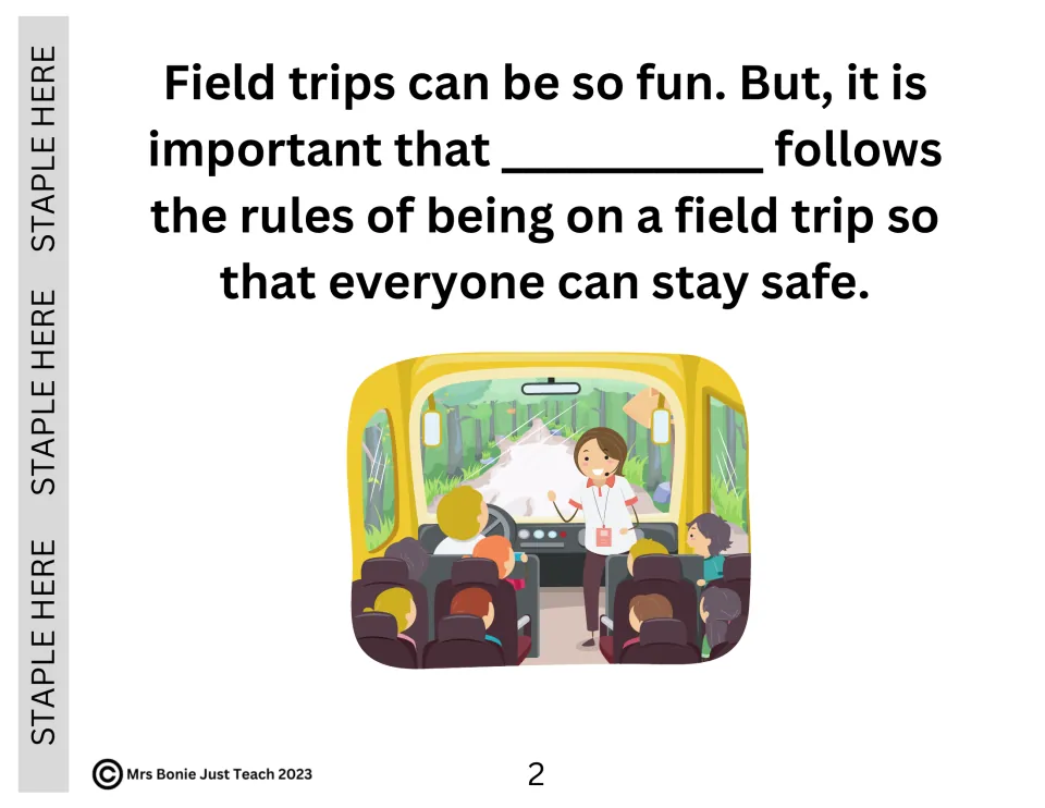 Staying safe on a field trip: story page with a name blank and an illustration of a guide talking to students on a bus