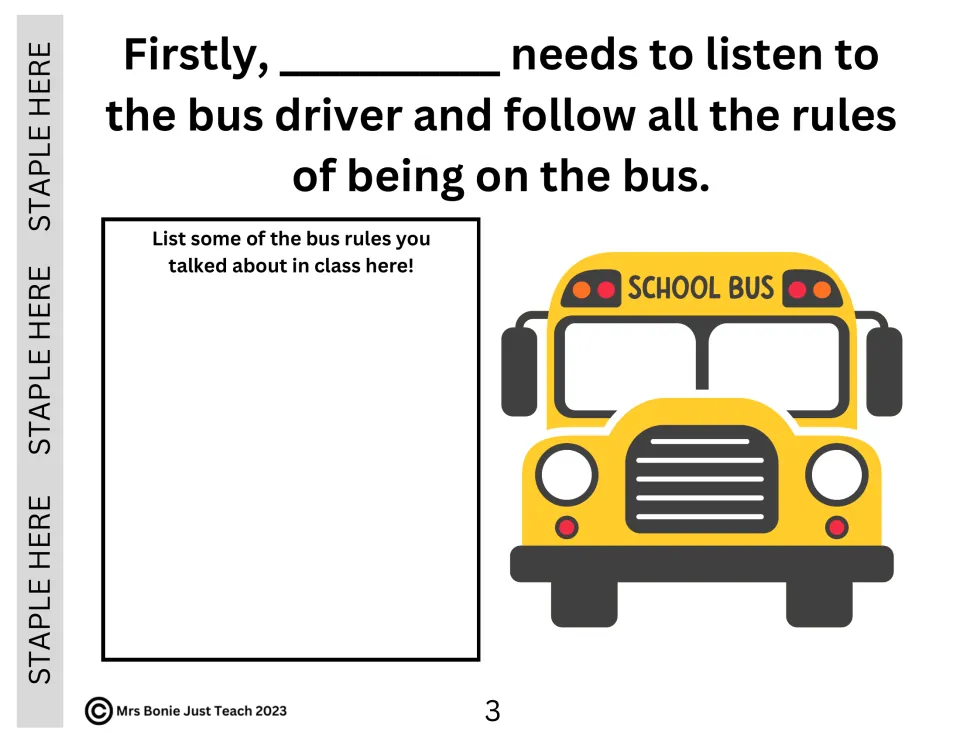 Bus rules page: students list the bus rules discussed in class, beside a yellow school bus picture