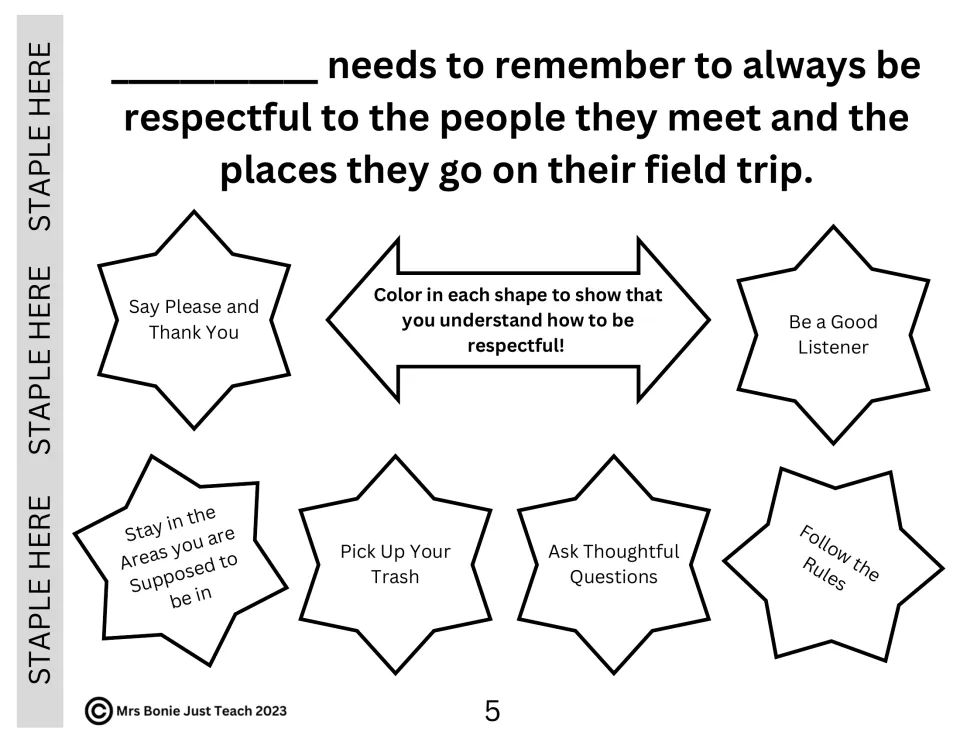 Being respectful on a field trip: students color six star shapes like Say Please and Thank You and Pick Up Your Trash