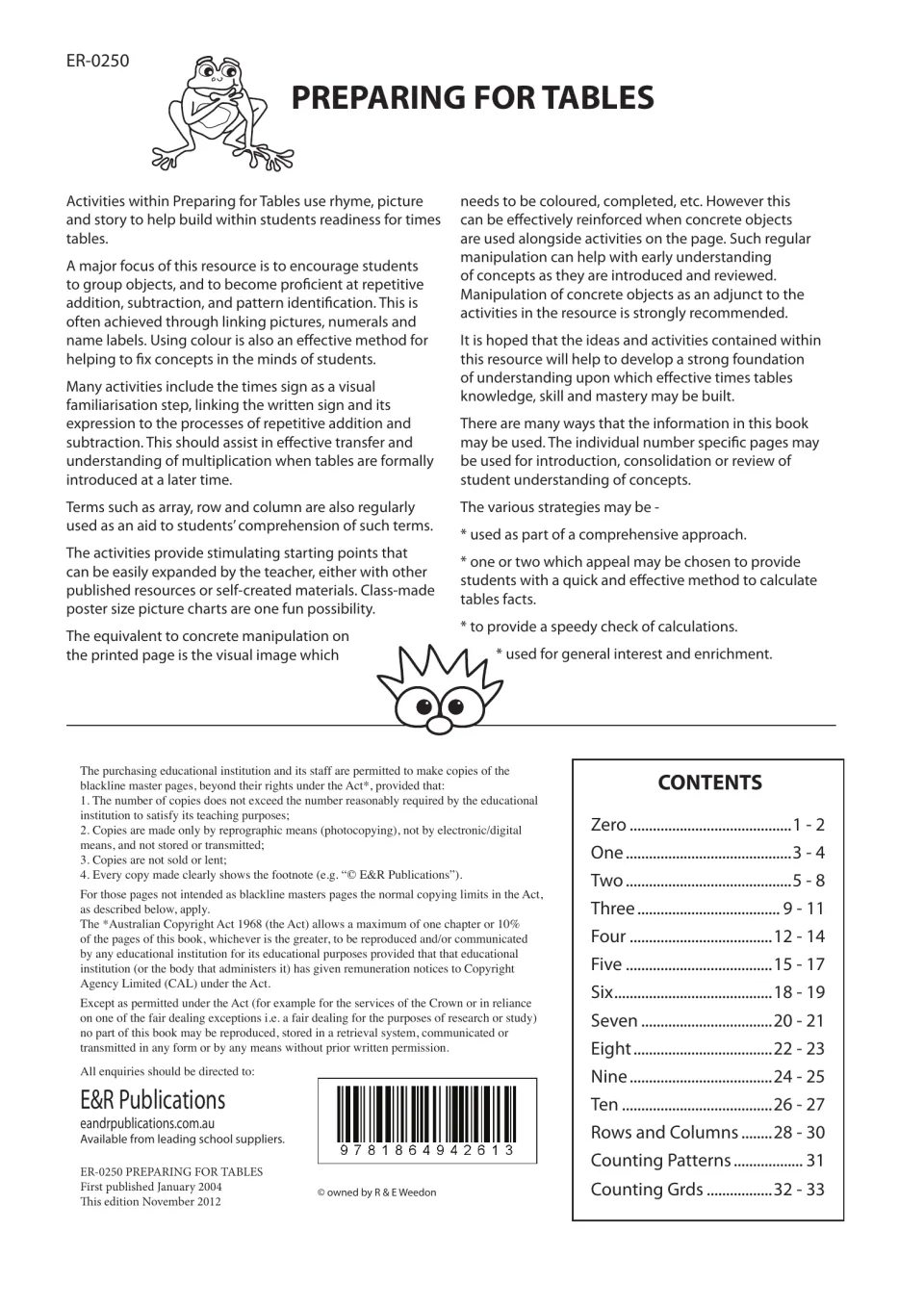 Teacher introduction explains grouping and repeated addition; contents list number topics from zero to ten.