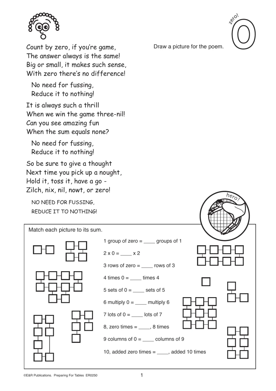 Zero practice includes a poem to illustrate and picture matching for expressions such as 2 × 0 and 4 times 0.