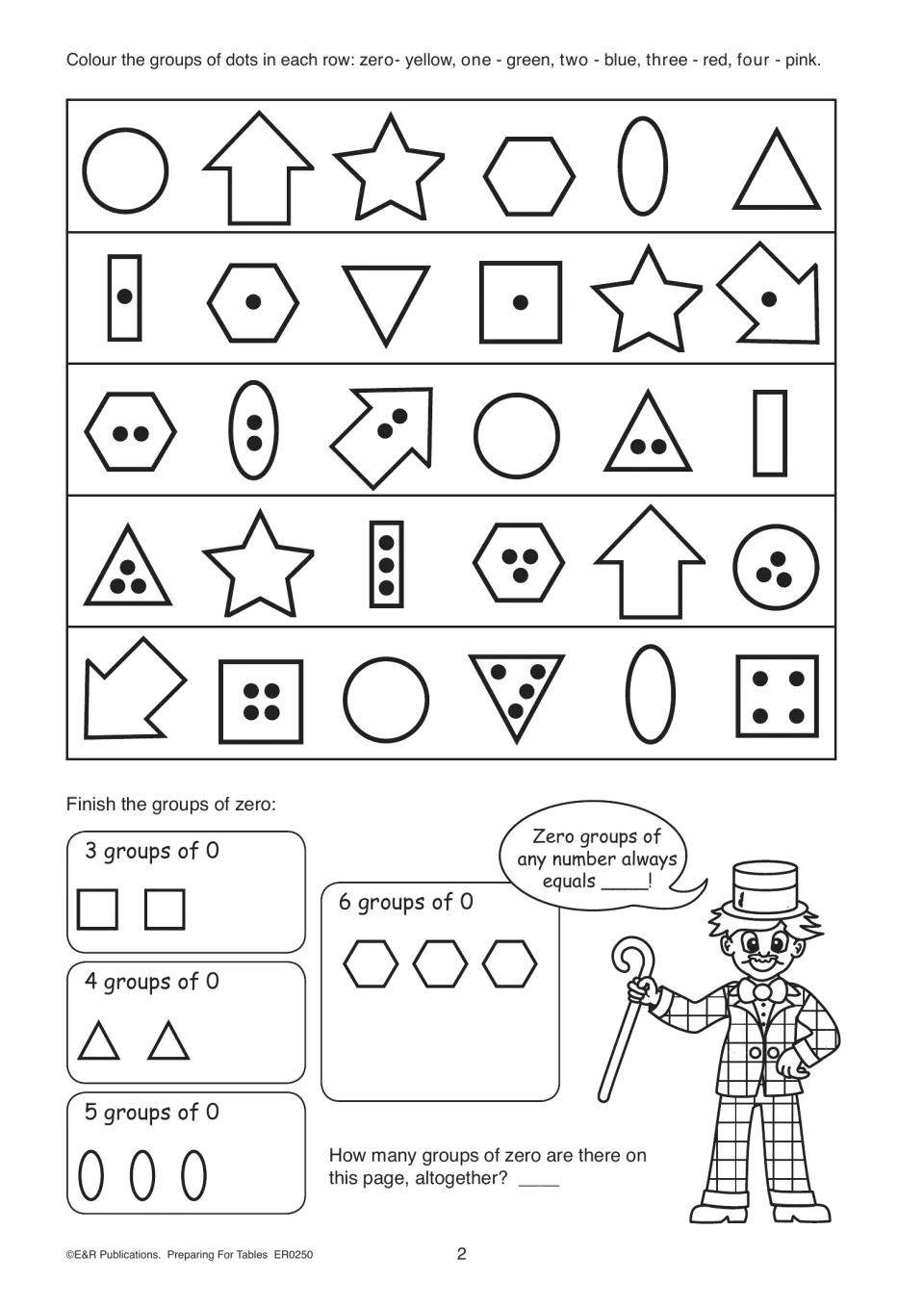 Zero practice asks students to color shapes by dot count, finish groups of zero, and count the empty groups.