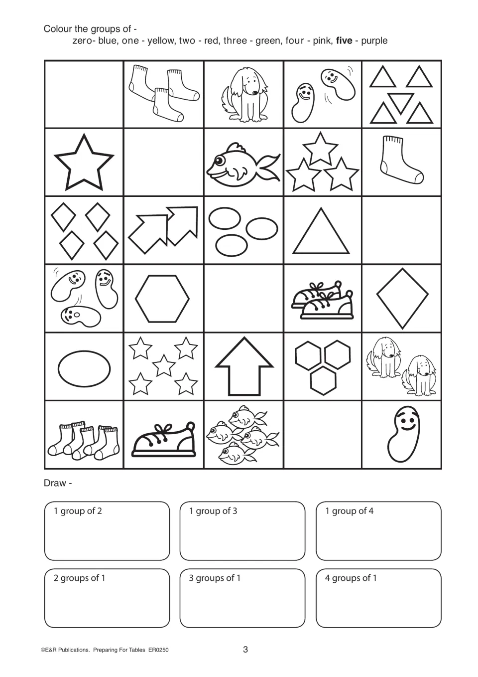 Grouping practice asks students to color sets of zero to five objects and draw one group versus groups of one.