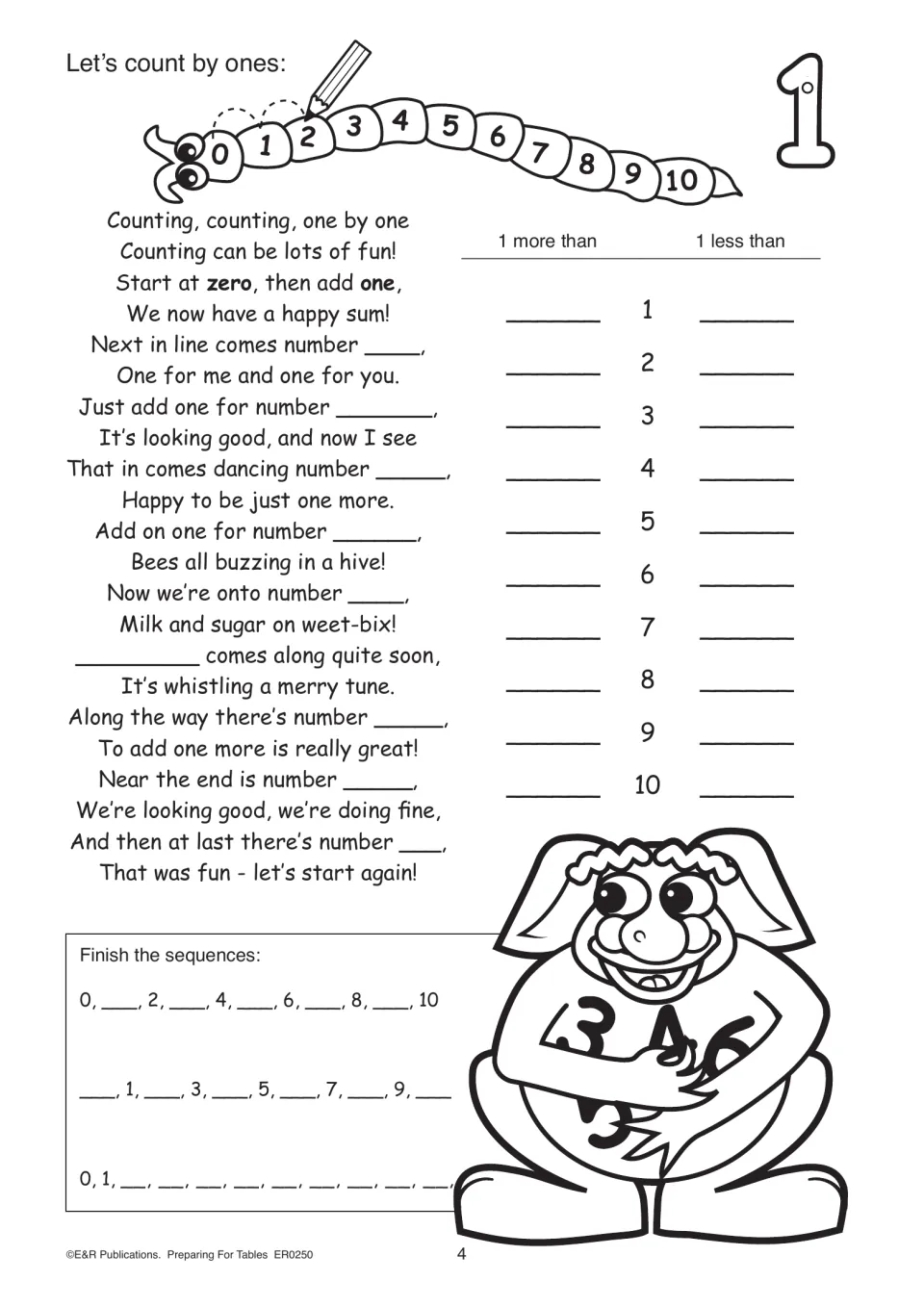 Counting-by-ones practice includes a missing-number rhyme, one more and one less, and sequences starting at zero.