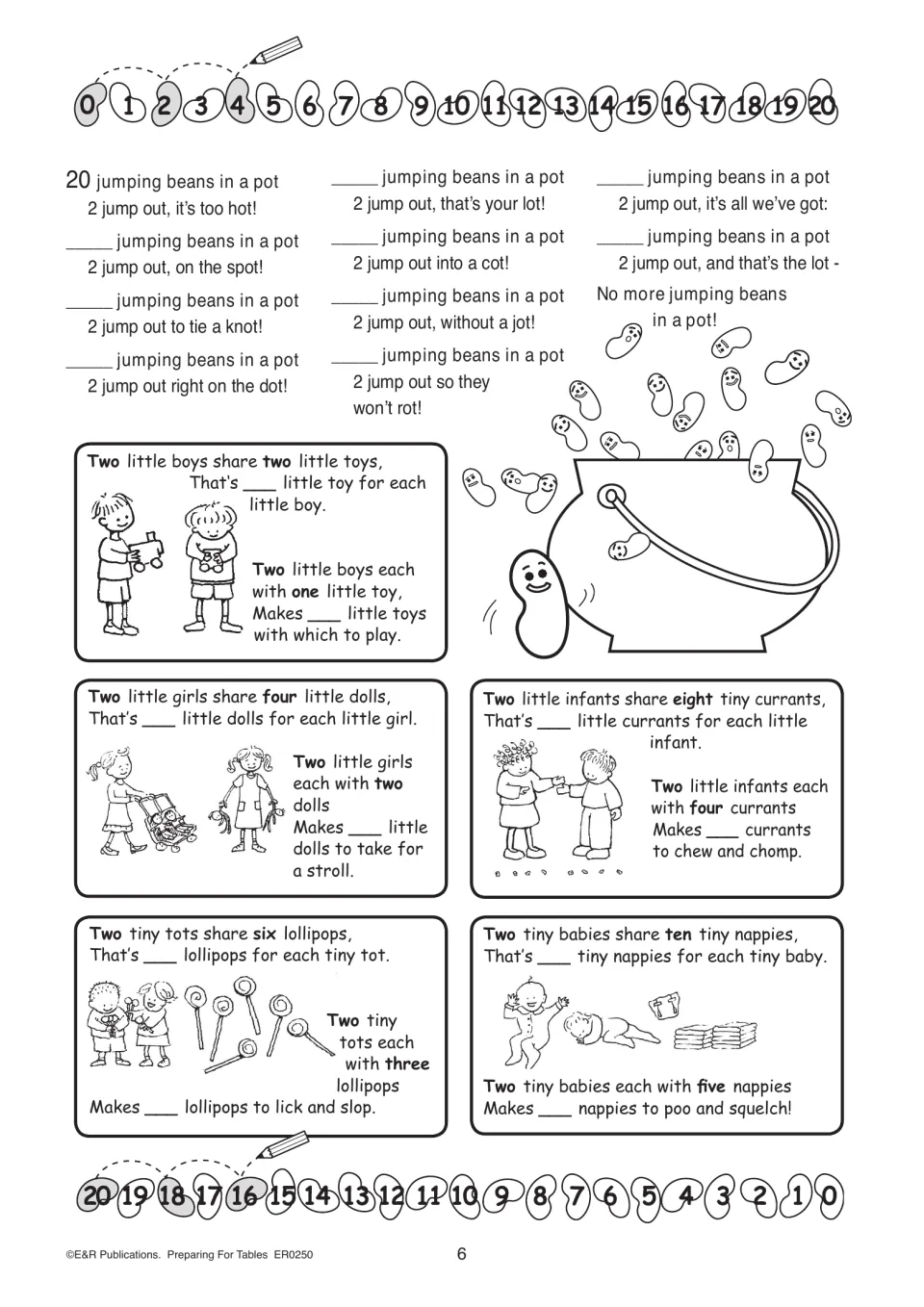 Twos practice includes a countdown from 20 with jumping beans and sharing stories about two children.