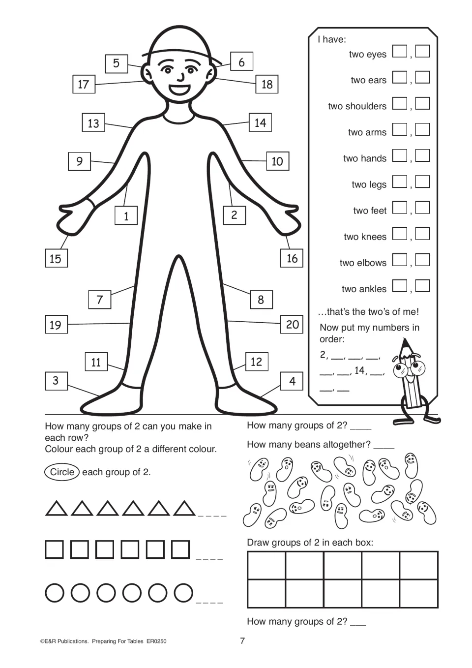 Twos practice matches numbered body parts, completes the sequence to 20, and groups shapes and beans in pairs.