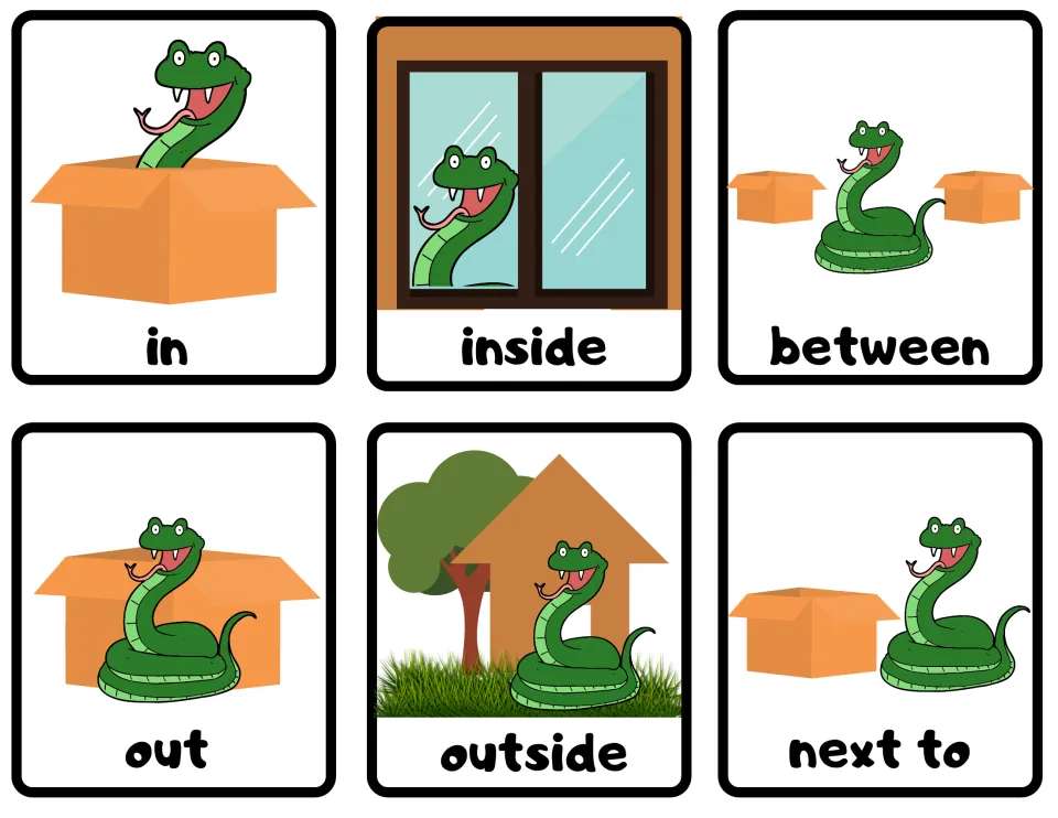 Prepositions in, inside, between, out, outside, next to: snake pictured with boxes, a window and a house