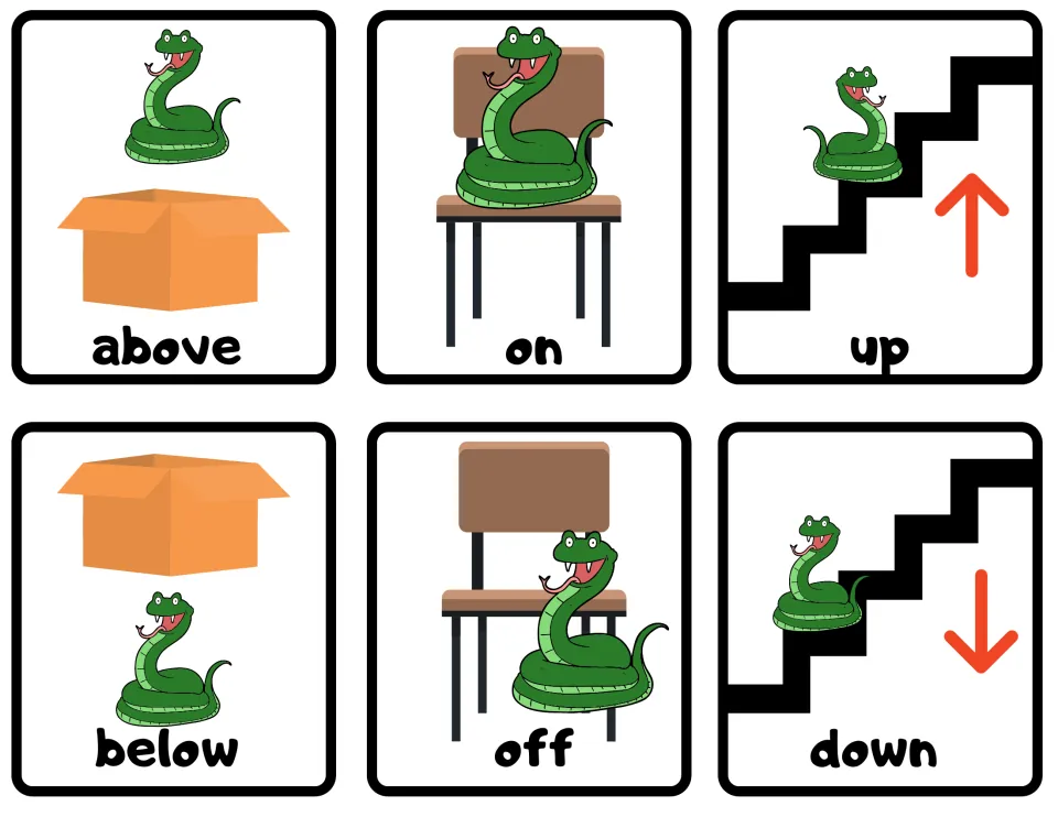 Prepositions above, on, up, below, off, down: snake pictured with a box, a chair and stairs with arrows