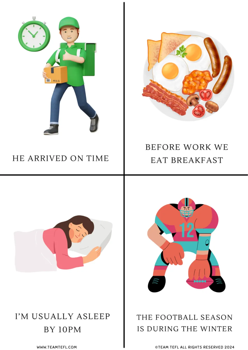 Time preposition cards 1–4 show arrival on time, breakfast before work, sleep by 10 p.m., and winter football.