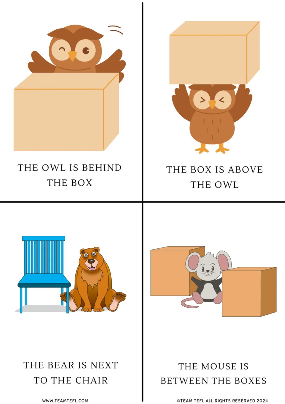 Place preposition cards 5–8 show an owl behind a box, a box above an owl, next to a chair, and between boxes.