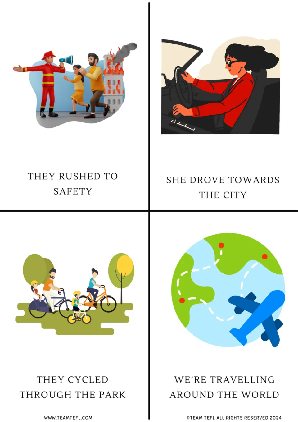 Movement preposition cards 9–12 show rushing to safety, driving towards a city, cycling, and world travel.