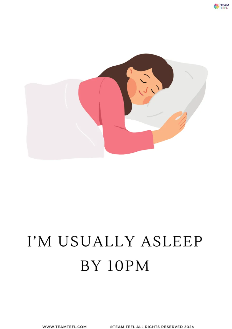 Enlarged time preposition card 3 shows a sleeping woman with the sentence 'I'm usually asleep by 10PM.'