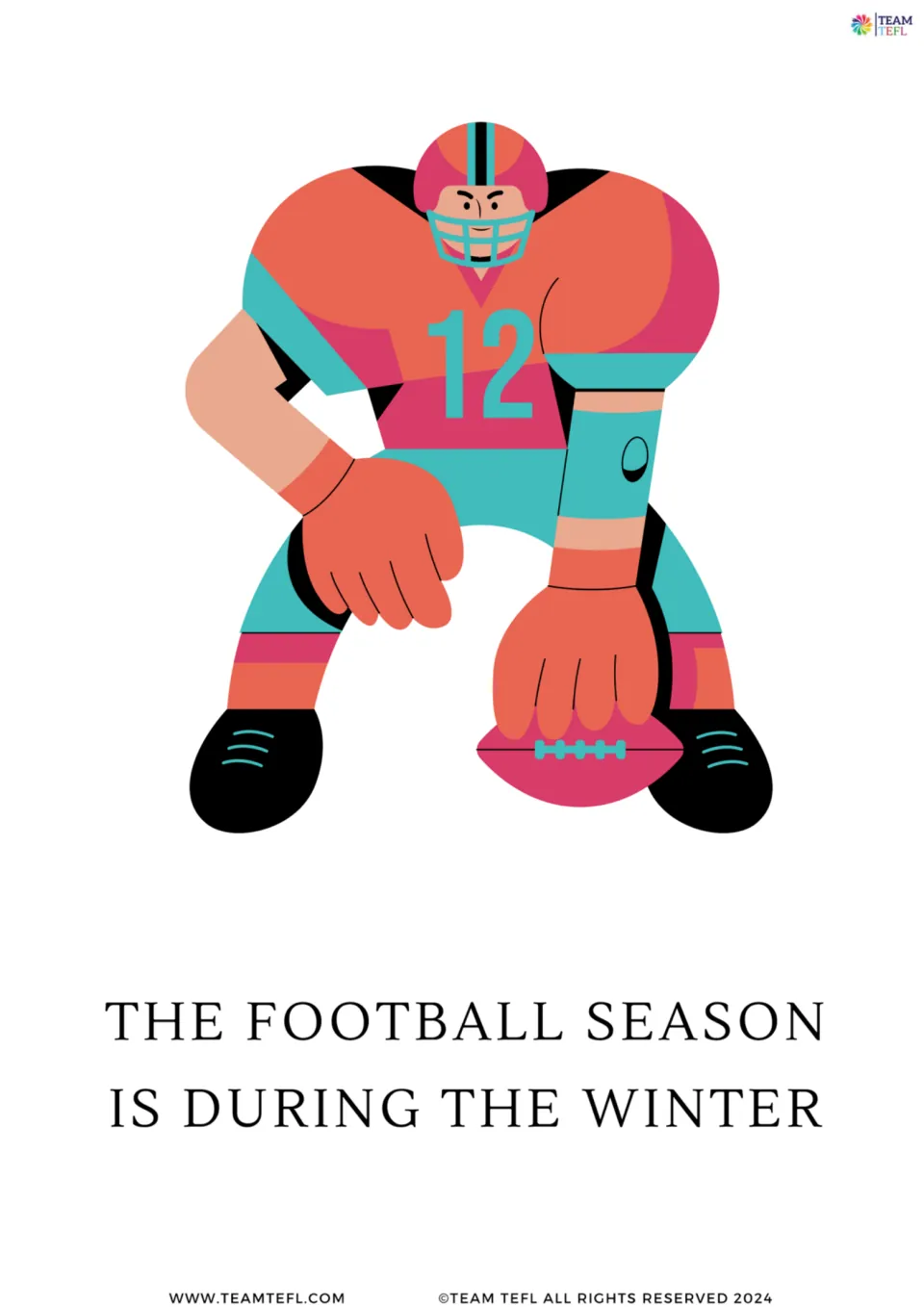 Enlarged time preposition card 4 shows a football player with 'The football season is during the winter.'