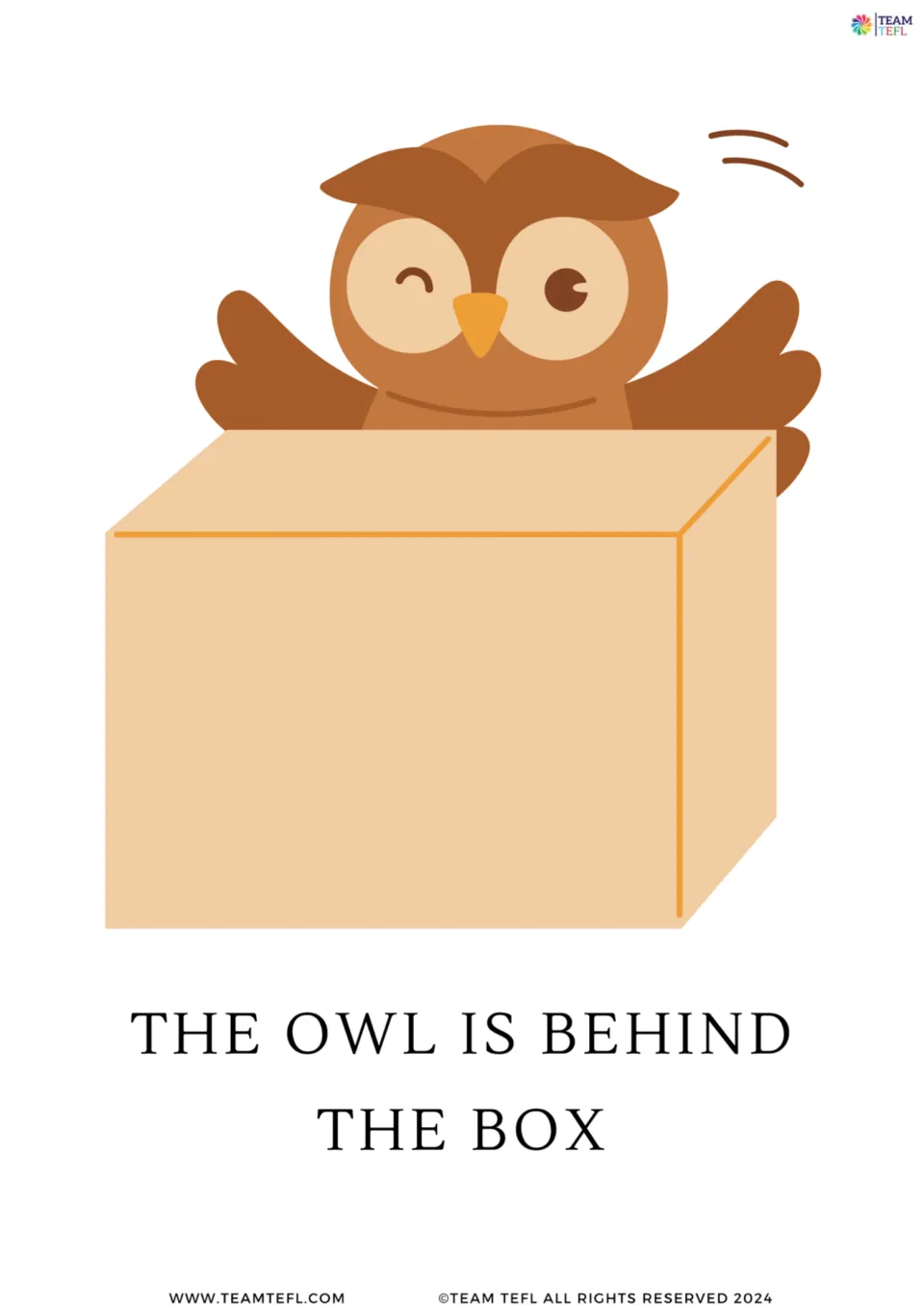Enlarged place preposition card 5 shows an owl behind a box with the sentence 'The owl is behind the box.'