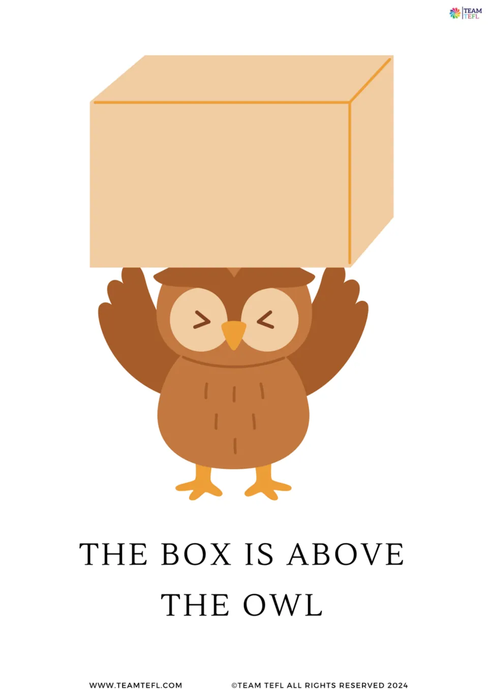 Enlarged place preposition card 6 shows an owl holding a box overhead with 'The box is above the owl.'