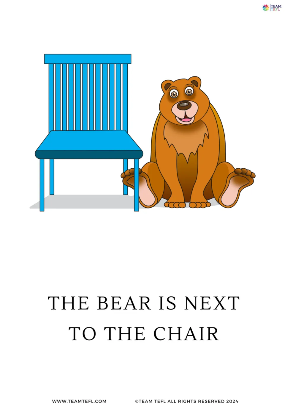Enlarged place preposition card 7 shows a bear beside a blue chair with 'The bear is next to the chair.'