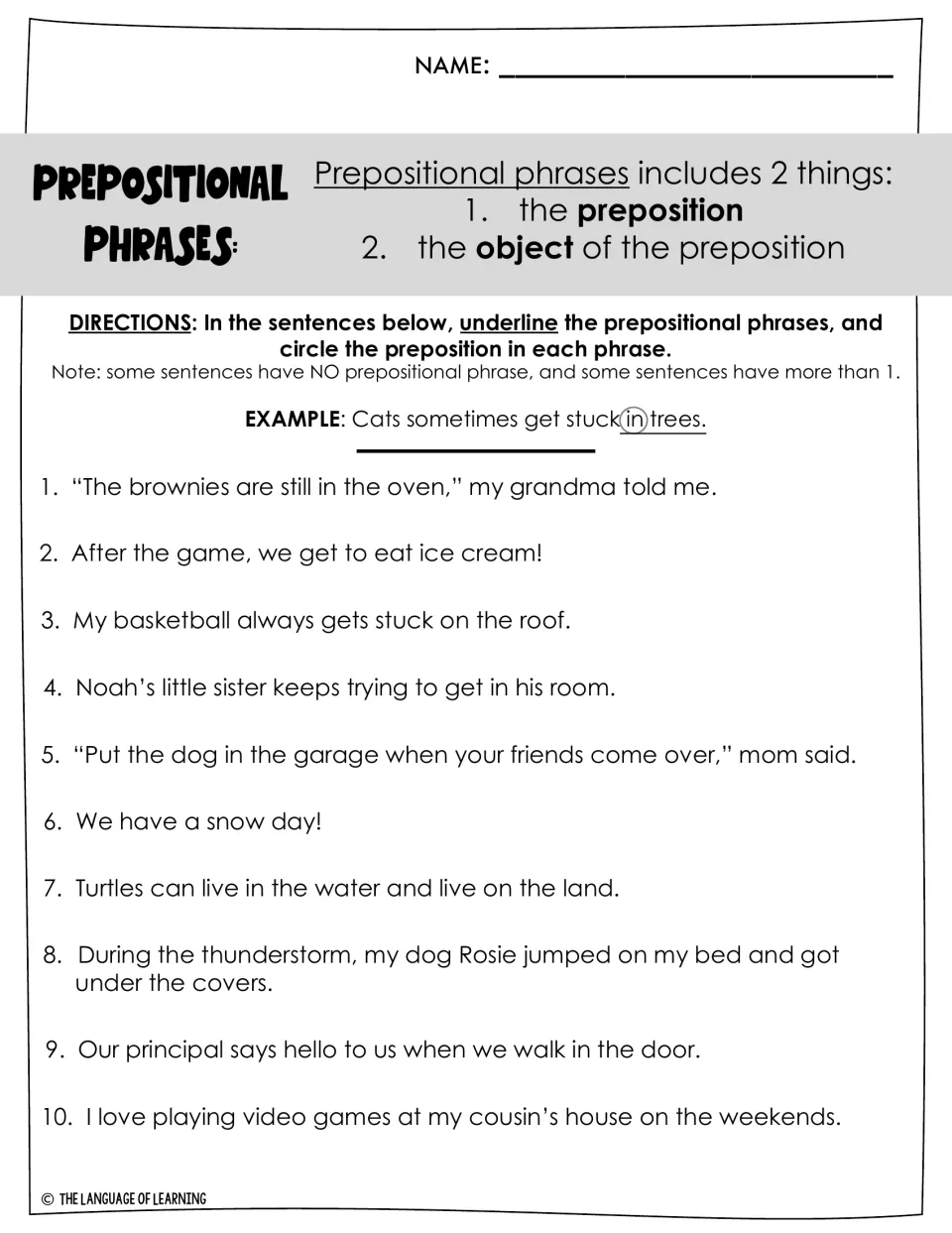 Prepositional phrases: students underline each phrase and circle its preposition across 10 everyday sentences