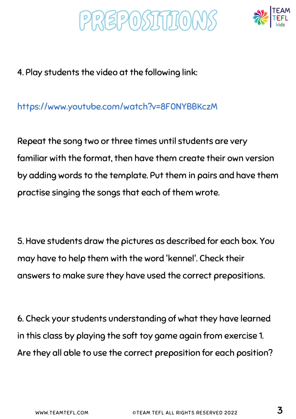 Teacher notes, steps 4 to 6: a YouTube preposition song, a drawing task with the word kennel, and a final soft toy check