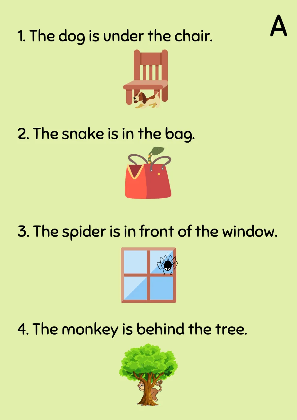 Running dictation sheet A: four illustrated sentences, e.g. the dog is under the chair and the monkey is behind the tree