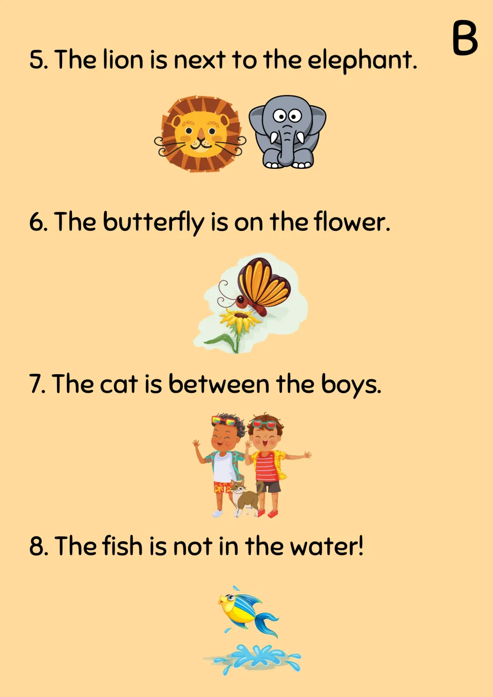 Running dictation sheet B: sentences 5 to 8, e.g. the lion is next to the elephant and the cat is between the boys