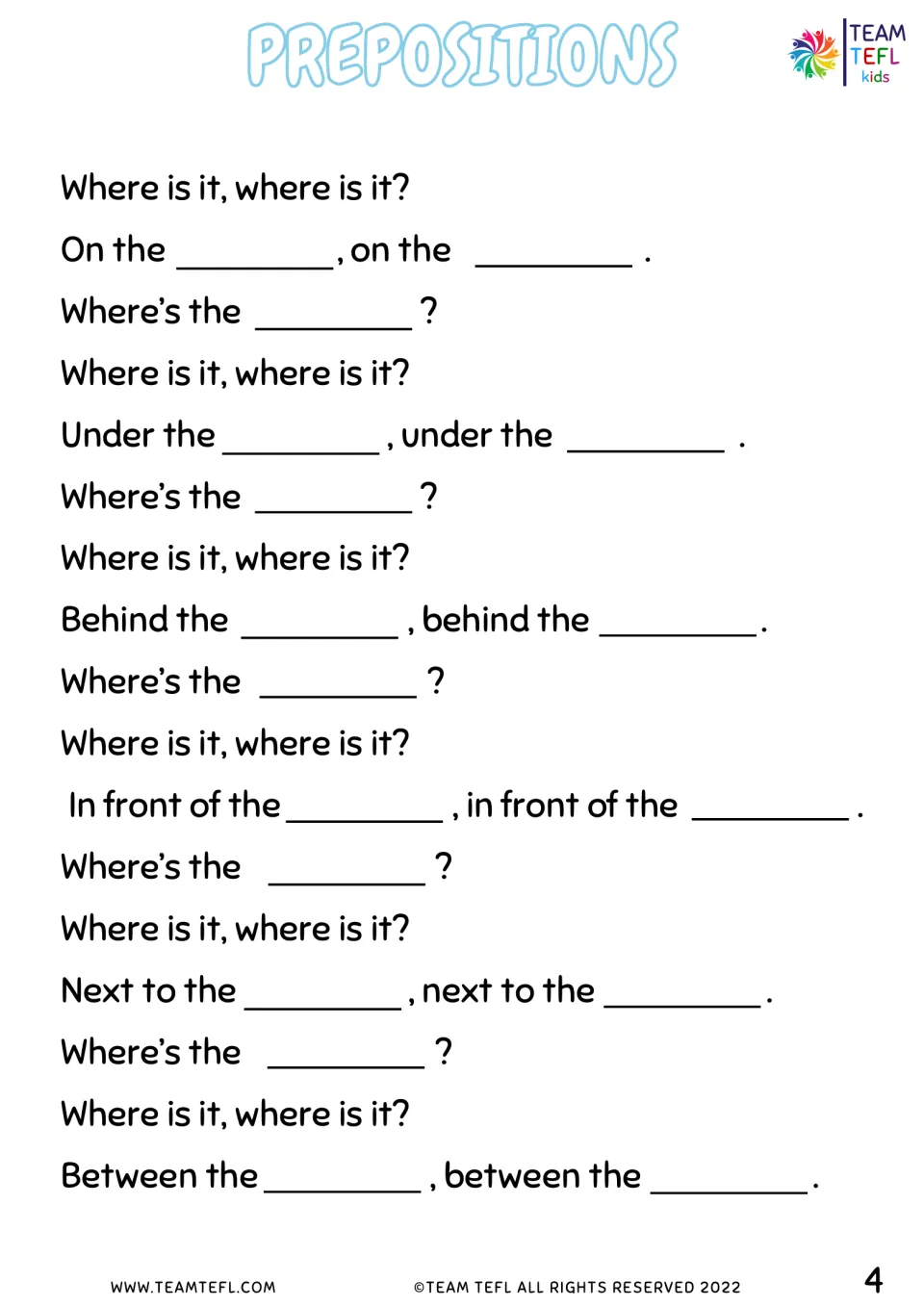 Song template continued: students fill blanks in verses for on, under, behind, in front of, next to and between